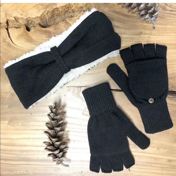 BearPaw Accessories - Black Faux Sherpa Ear Warmers w/ gloves Set